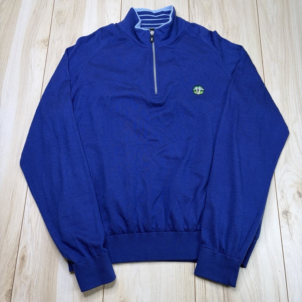 FAIRWAY & GREENE TECH Wool Cotton Cashmere Knit 1/4 Zip Sweater Blue Mens Large